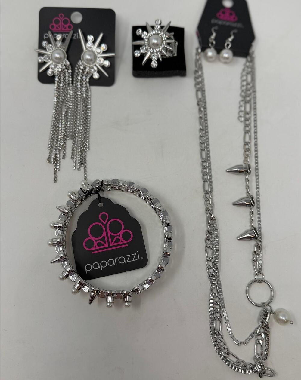 Paparazzi Necklace Bracelet Ring Two Sets of Earrings Silver Pearl Rhinestone